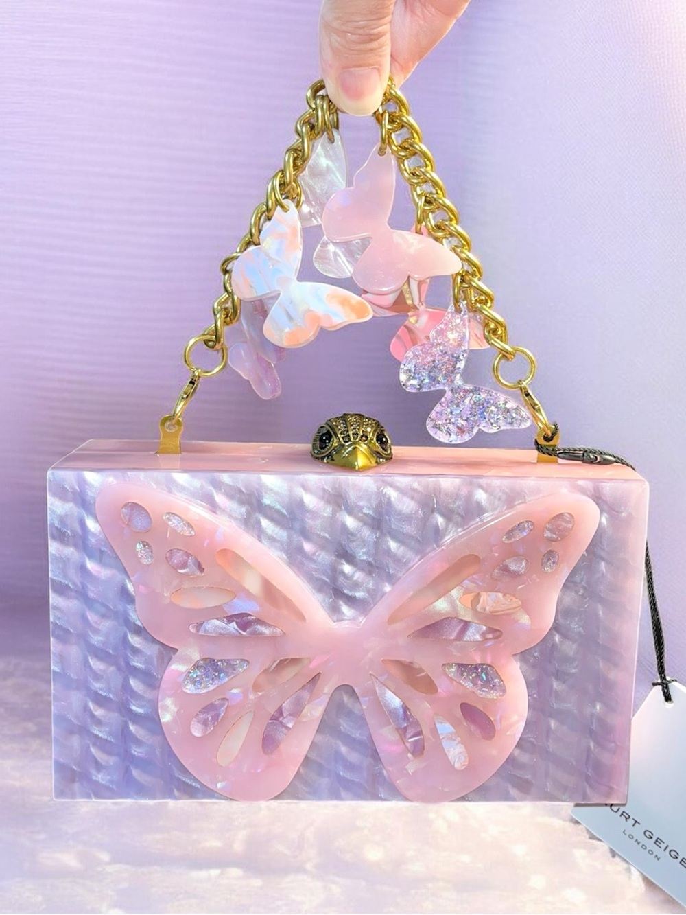 Kurt Geiger Pink Iridescent Butterfly Acrylic Clutch